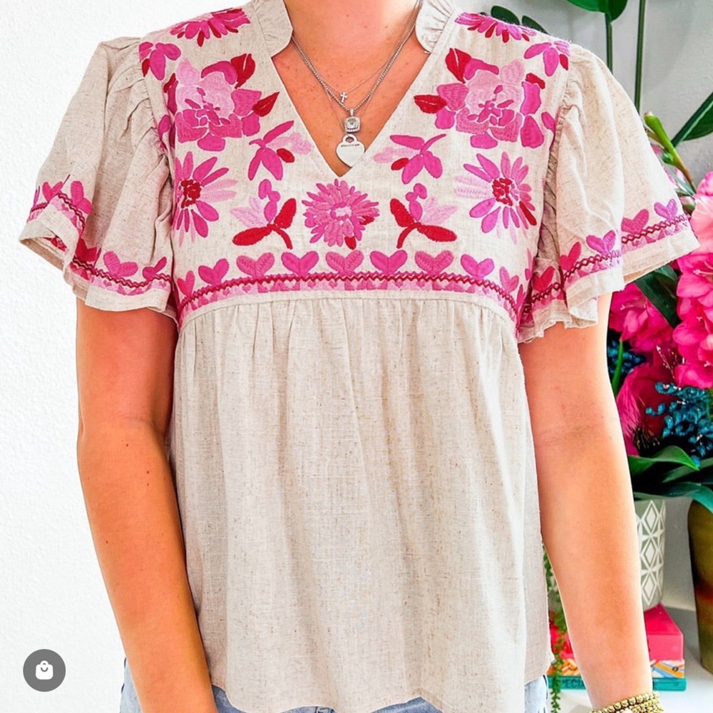 THML Cream Top with Pink Floral Embroidery XL
